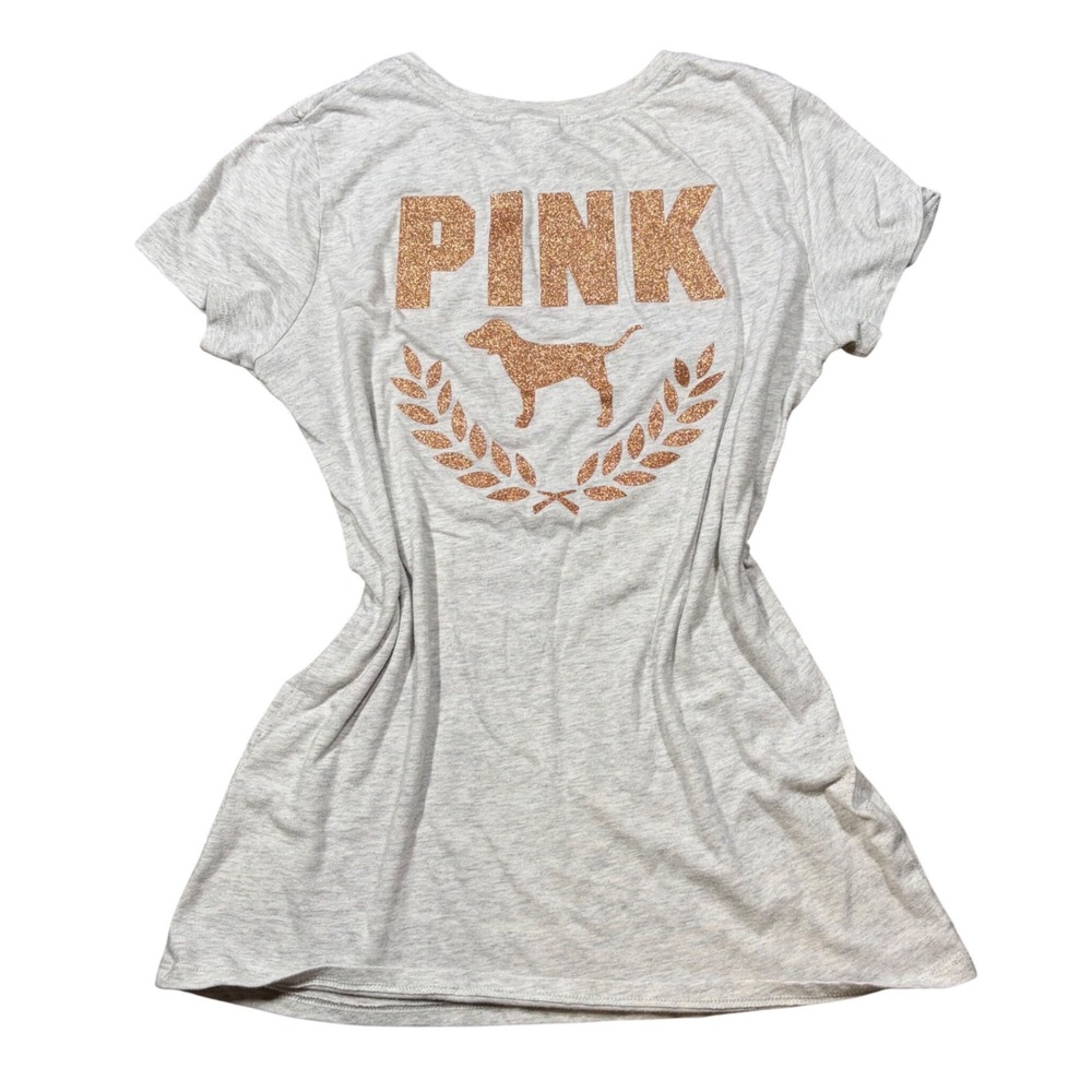 Y2K Style Victoria's Secret PINK Gray Rose Gold Glitter Dog Logo T-Shirt XS